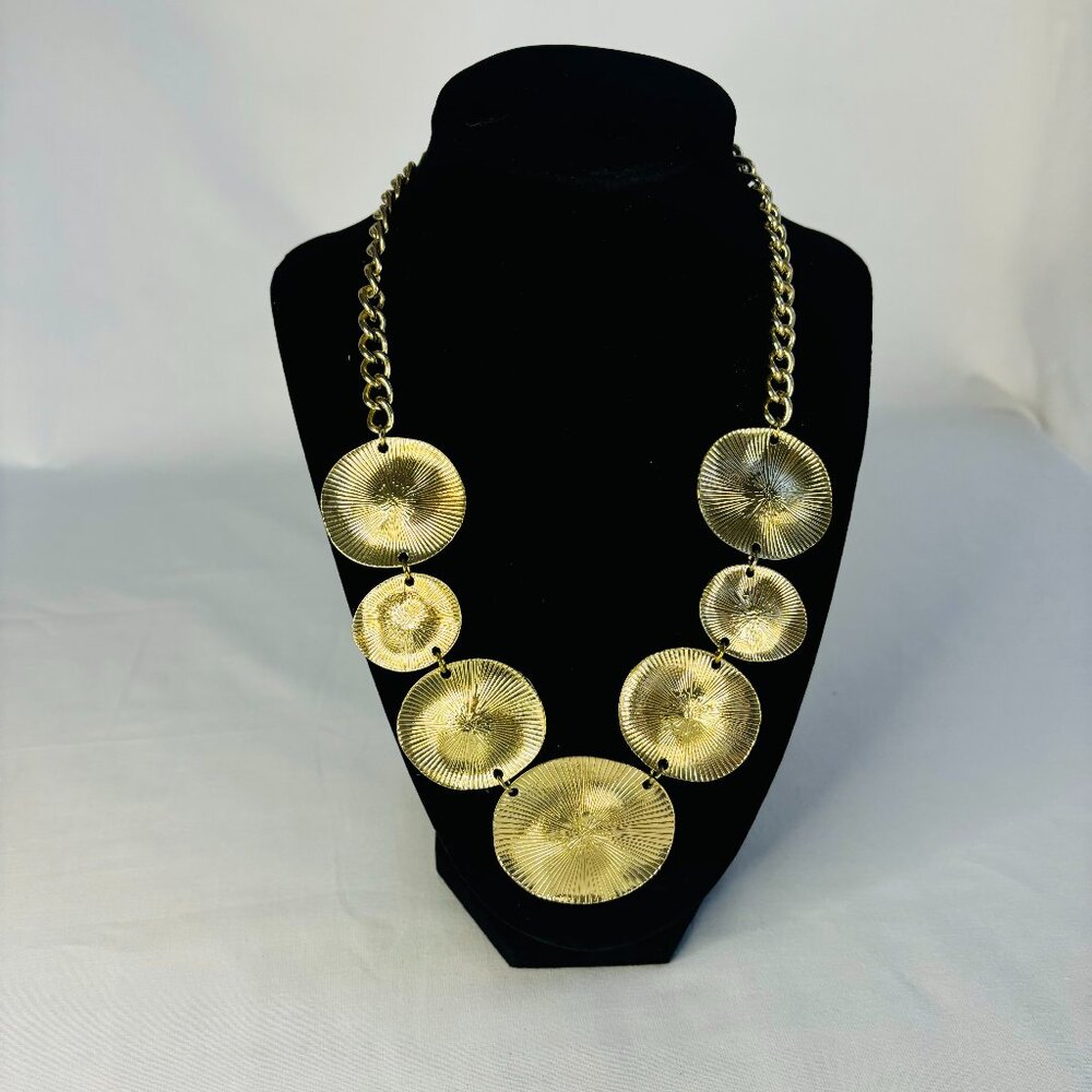 Gold Textured Disc Statement Necklace